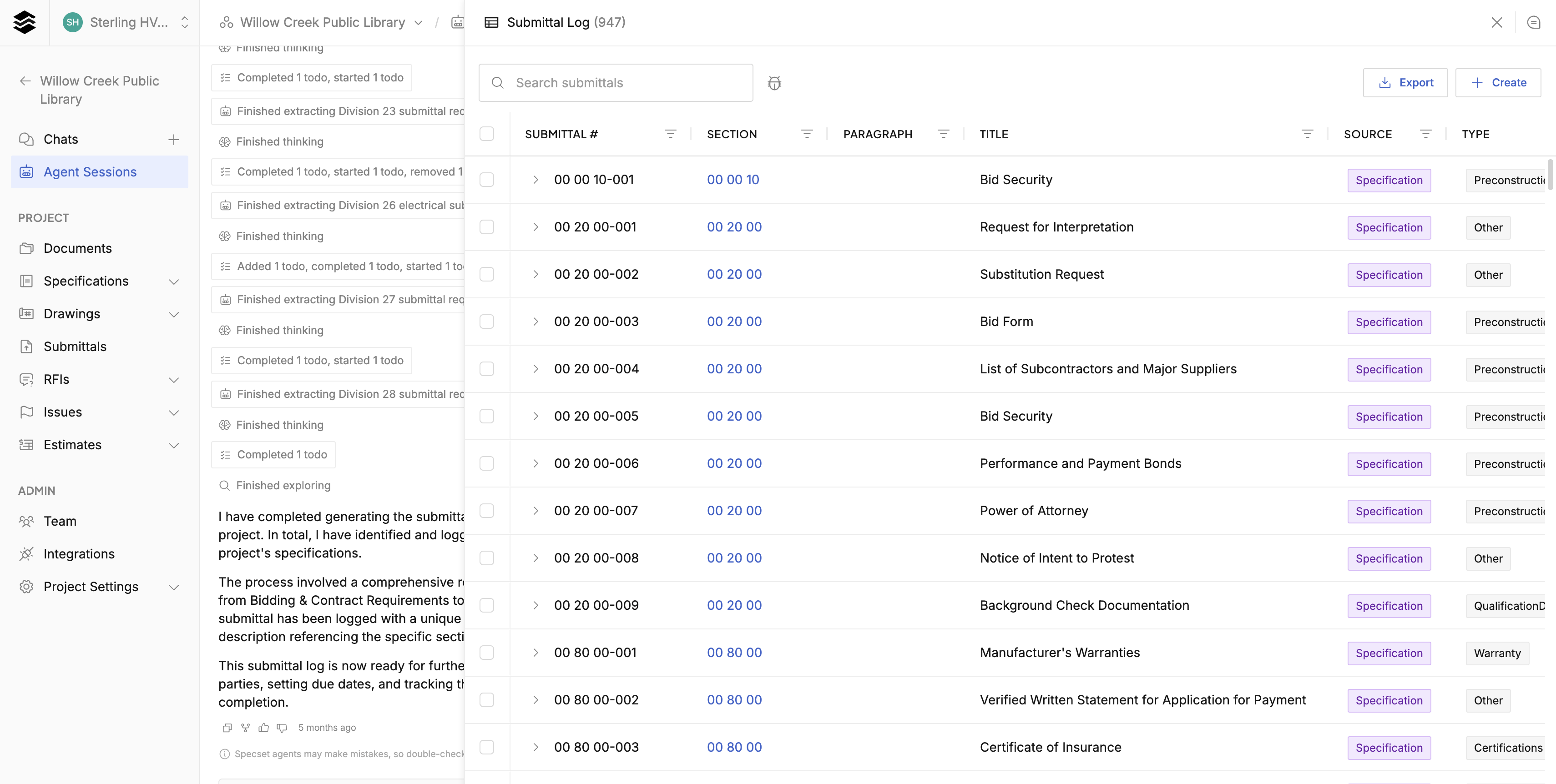 Generated submittal log with numbered items tied to spec sections