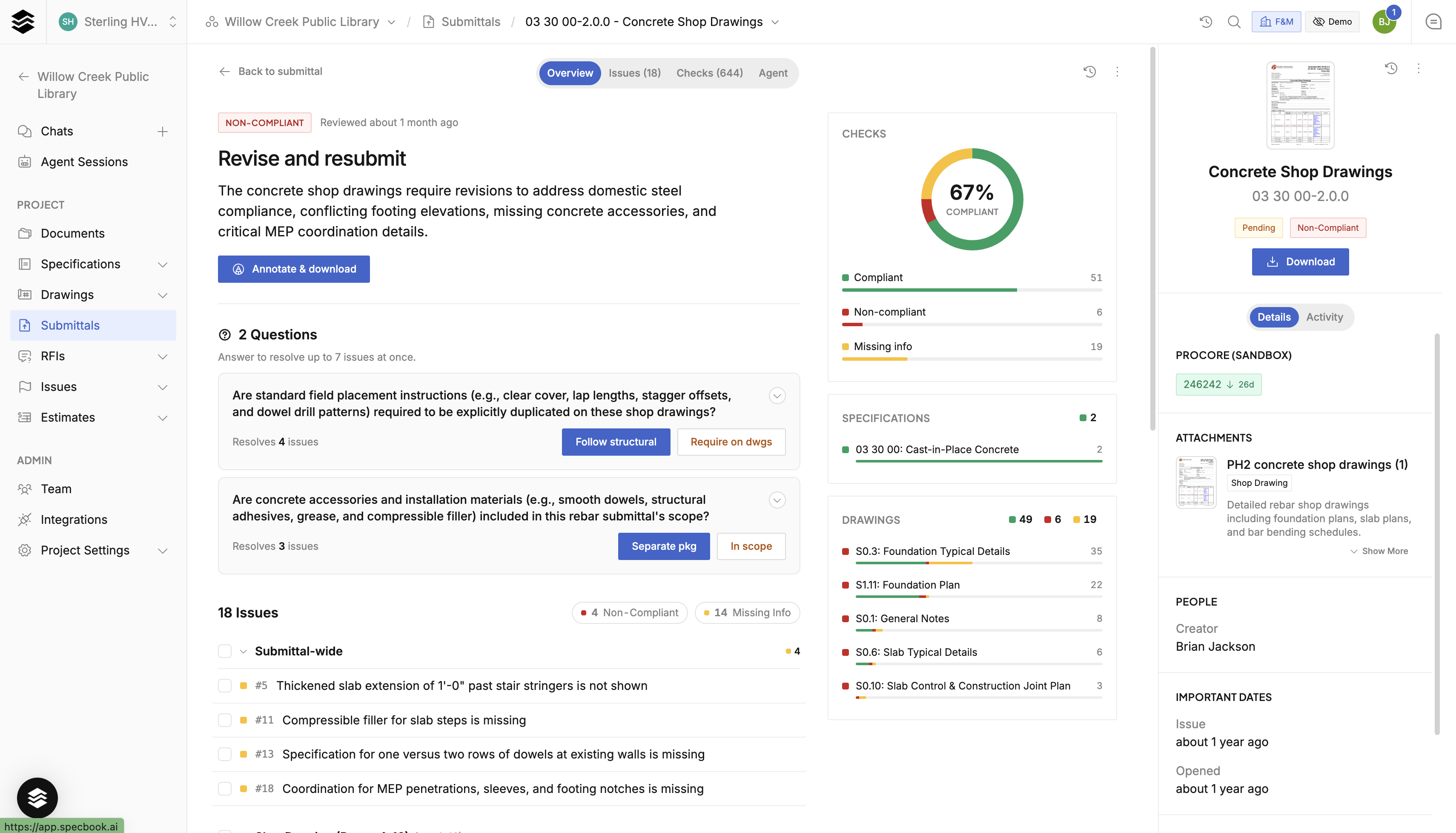 Submittal review dashboard: compliance donut, questions, and issues