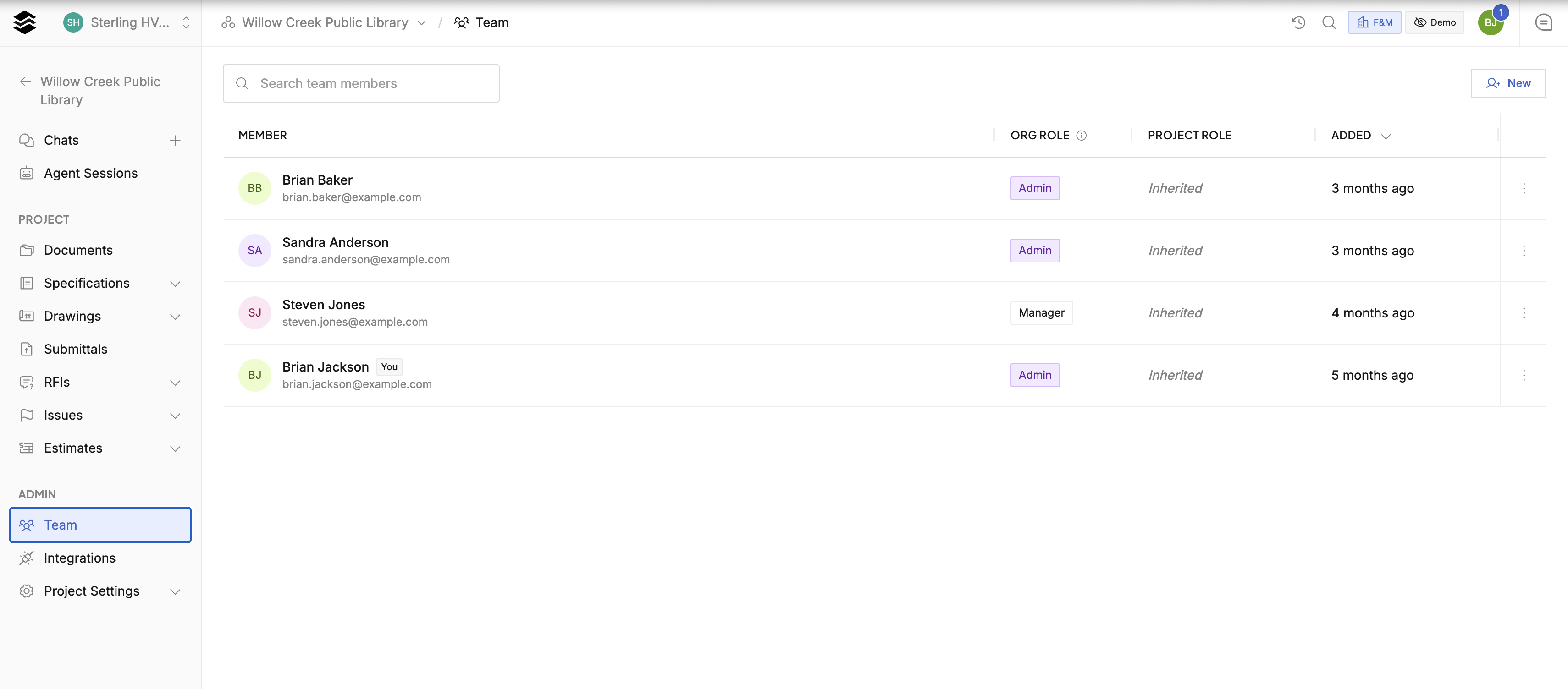 Team page with member roles