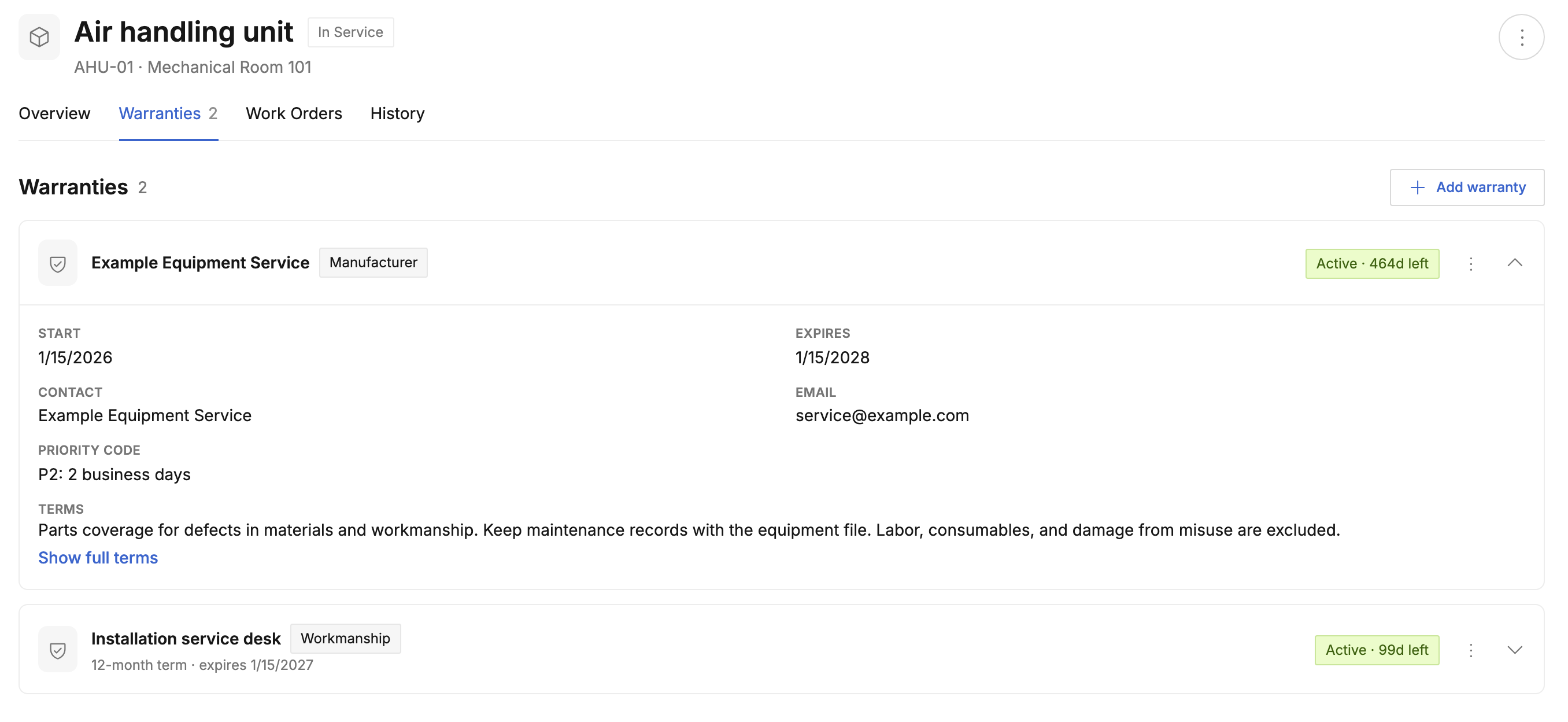 An air handling unit's Warranties tab with separate manufacturer and workmanship coverage, dates, terms, and service contacts