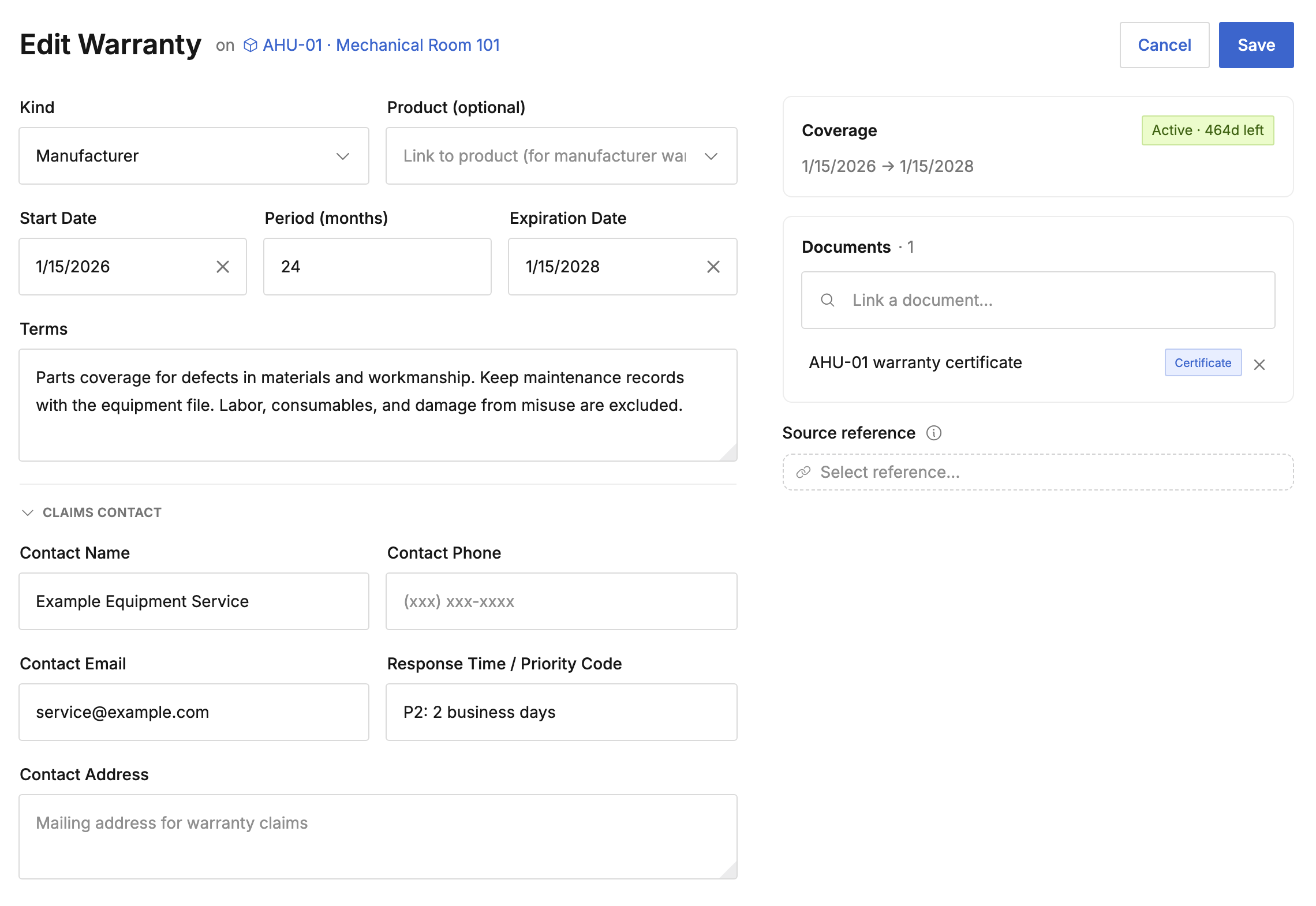 Warranty editor showing coverage dates, a two-year period, terms, and the claims contact fields